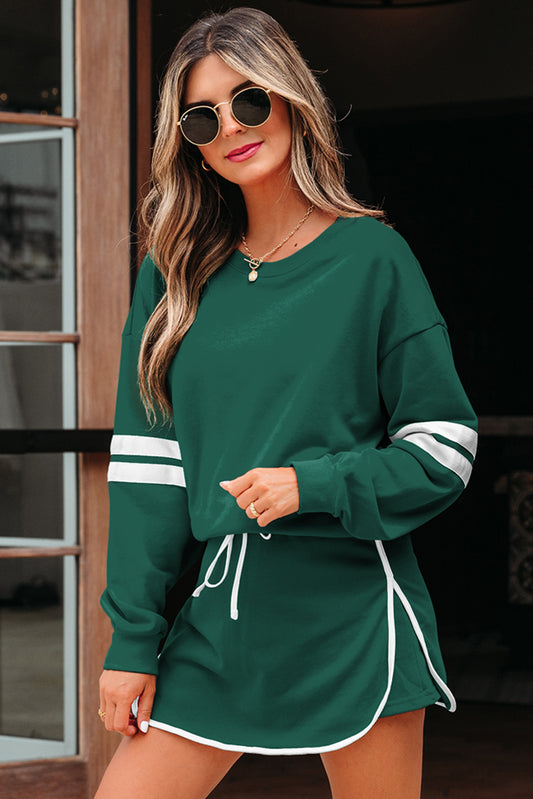 Evergreen Varsity Stripe Detail Drop Shoulder Pullover Mini Skort Set 404881d23cc38dc9
