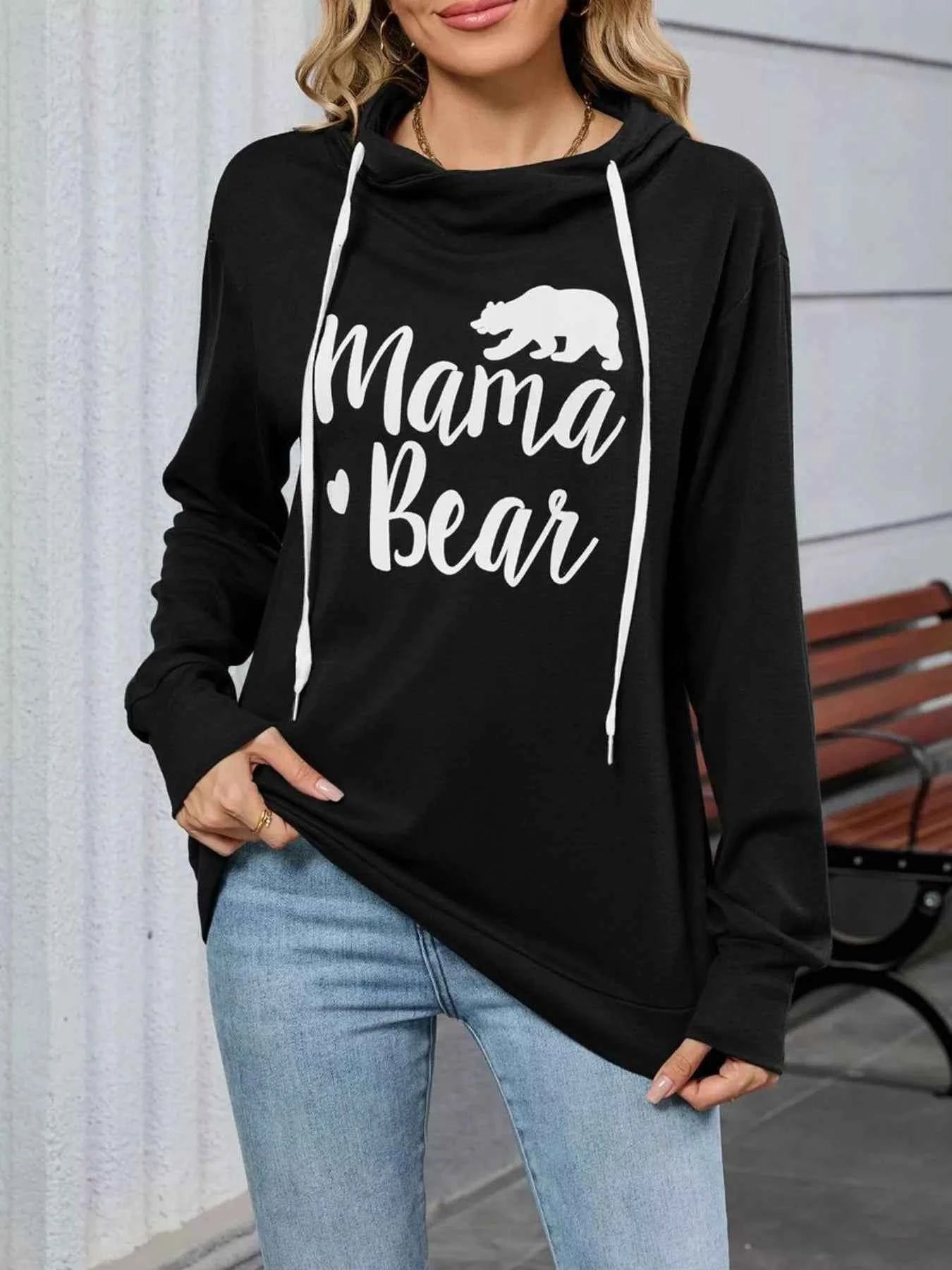 Letter Drawstring Long Sleeve Hoodie Black 405126f8-7702-4ebd-9a76-40dcac752389-Max-Origin