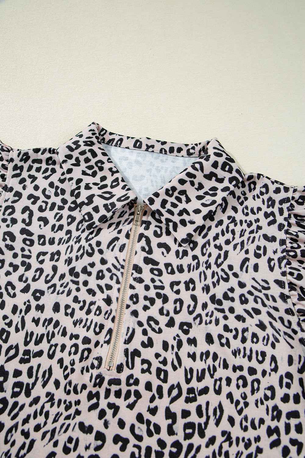 Brown Leopard Half Zipper Collared Ruffle Sleeve Top and Shorts Set 4051b41ab543fbb5