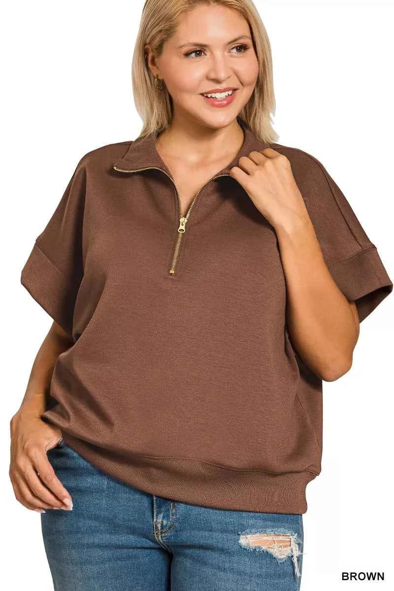 Zenana Full Size Scuba High Neck Half Zip Short Sleeve Top Plus Size 4051f415-7a54-410f-9b9f-e1f98a21c989-Max-Origin