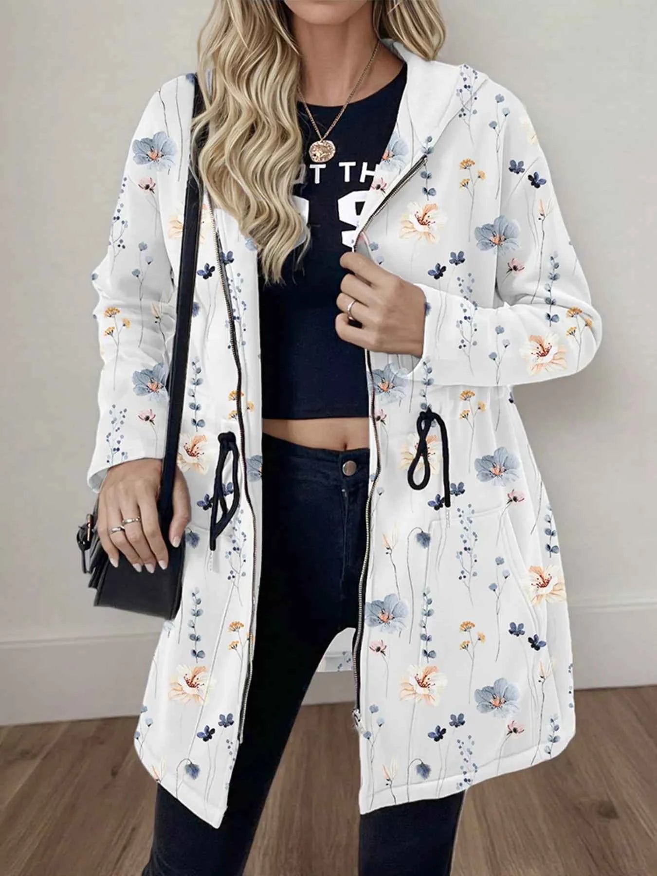 Drawstring Zip Up Hooded Outerwear Blue floral 405350043e994bbfbbfb52241e123be3-Max-Origin