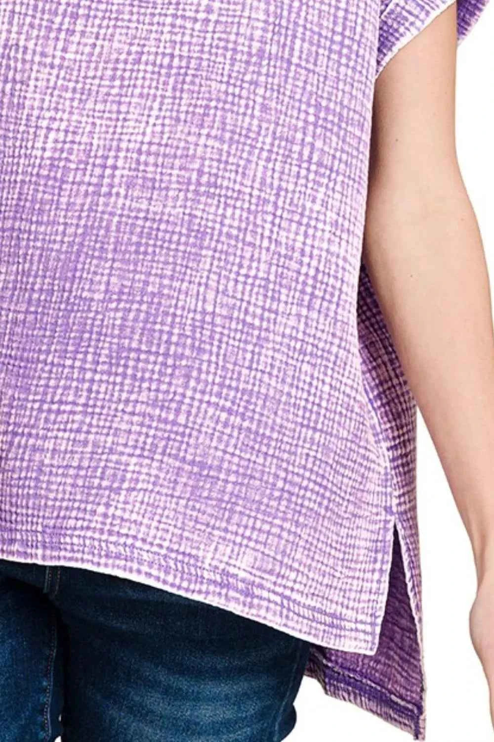 Zenana Woven Double Gauze Acid Washed Short Sleeve Top 405448c6-2e4e-4fbb-9bbd-894a350c49a9-Max-Origin