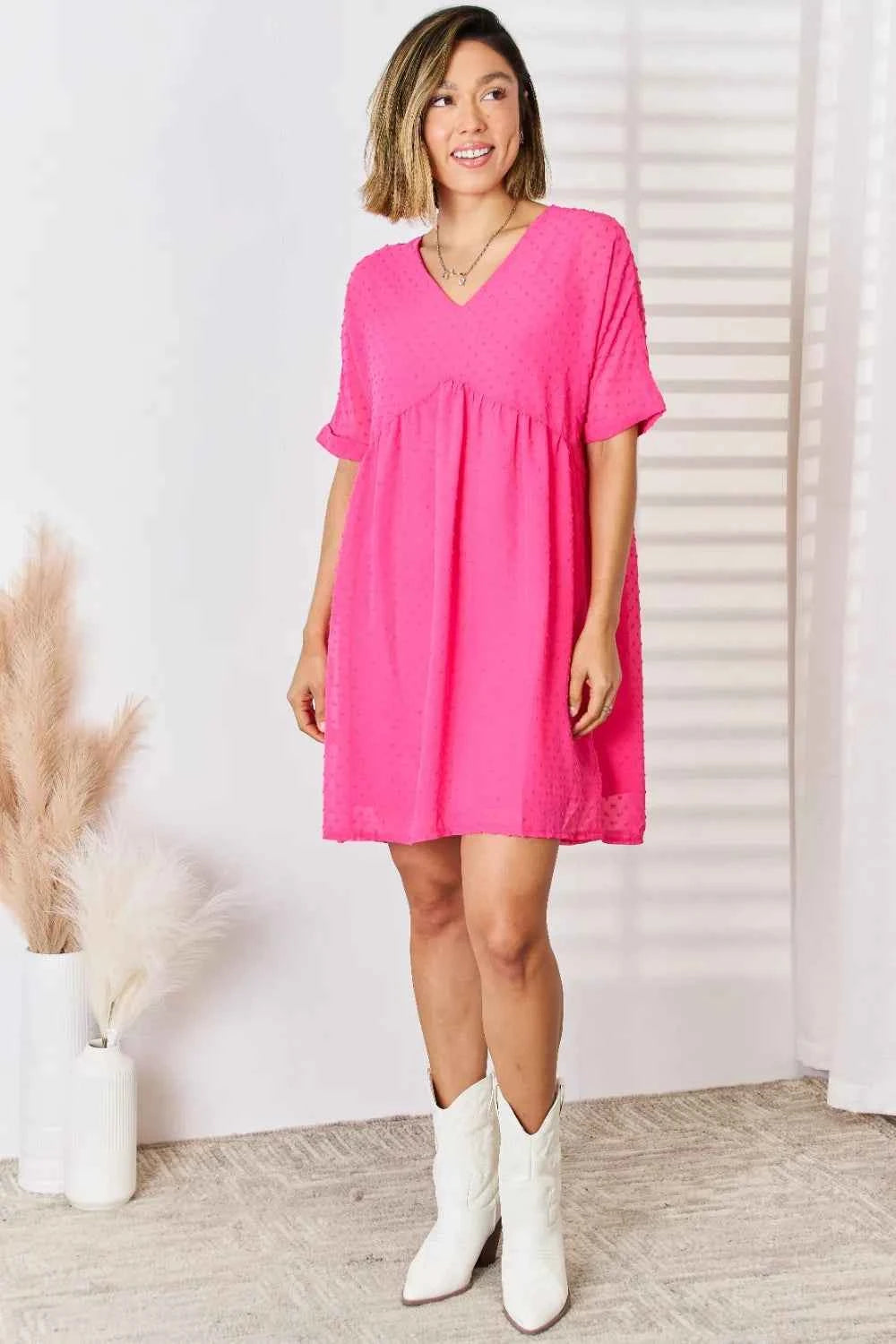 Zenana Swiss Dot Rolled Short Sleeve Babydoll Dress Red-Violet 40565761-96c0-4b5d-9395-ecffc68eec8c-Max
