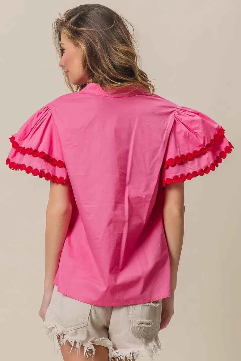 BiBi Dot Trim Flutter Sleeve Notched Top 4058b5488ab641a99f35ccd7d6a1dd6c-Max-Origin