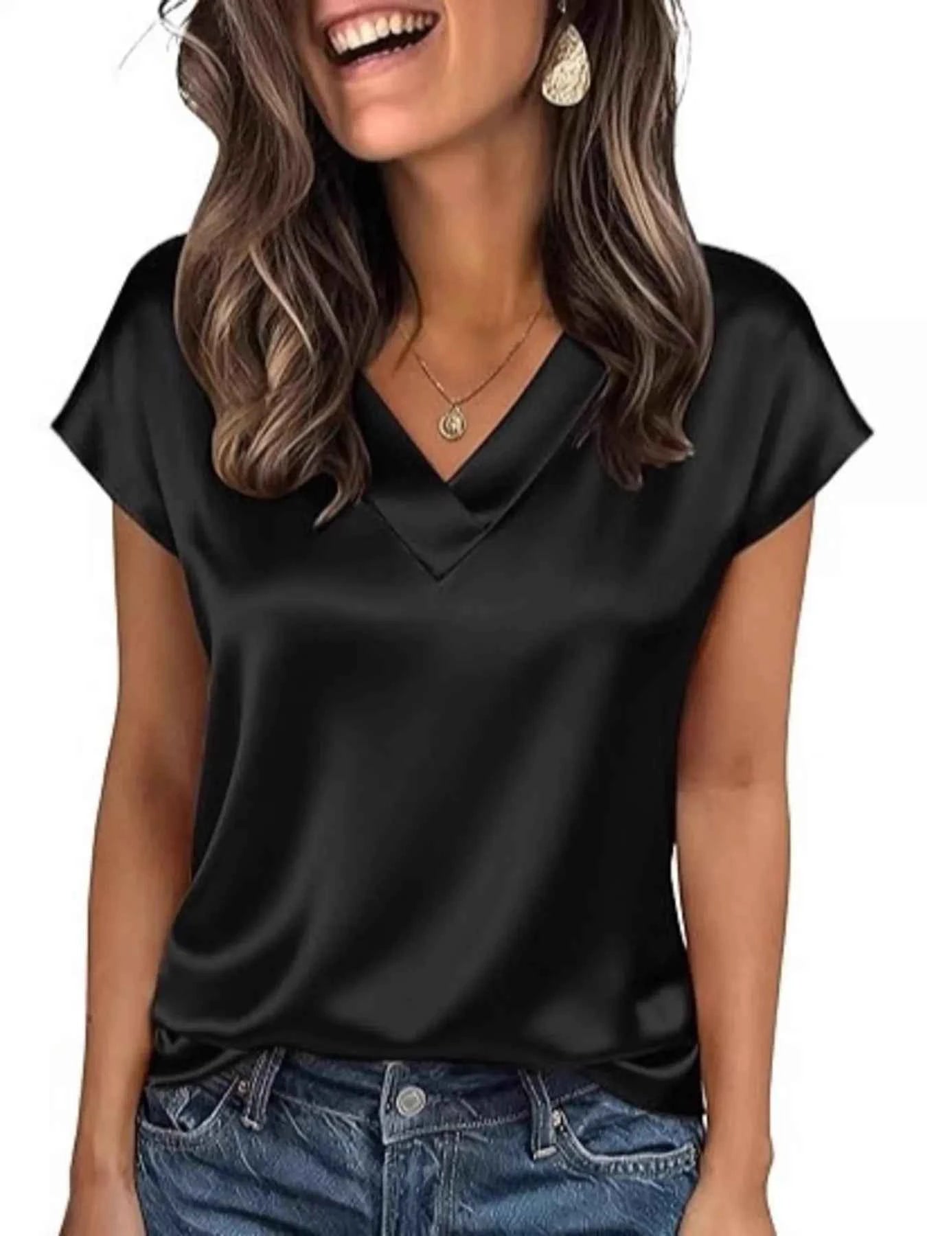 Satin V-Neck Short Sleeve Blouse Black 405a4d8f84e54f40ab3372dc5d1d0f13-Max-Origin