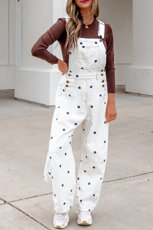 Jet Stream ka Dot Print Bib Pocket Denim Barrel Overalls Jumpsuit
