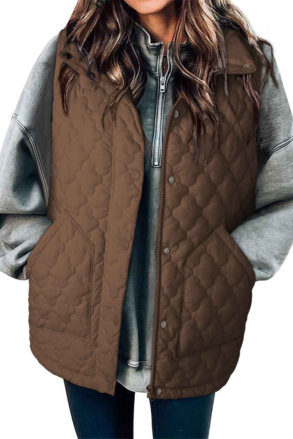 Dark Brown Flower Shape Quilted Snap Button Zip Up Winter Vest 406437123faf8719