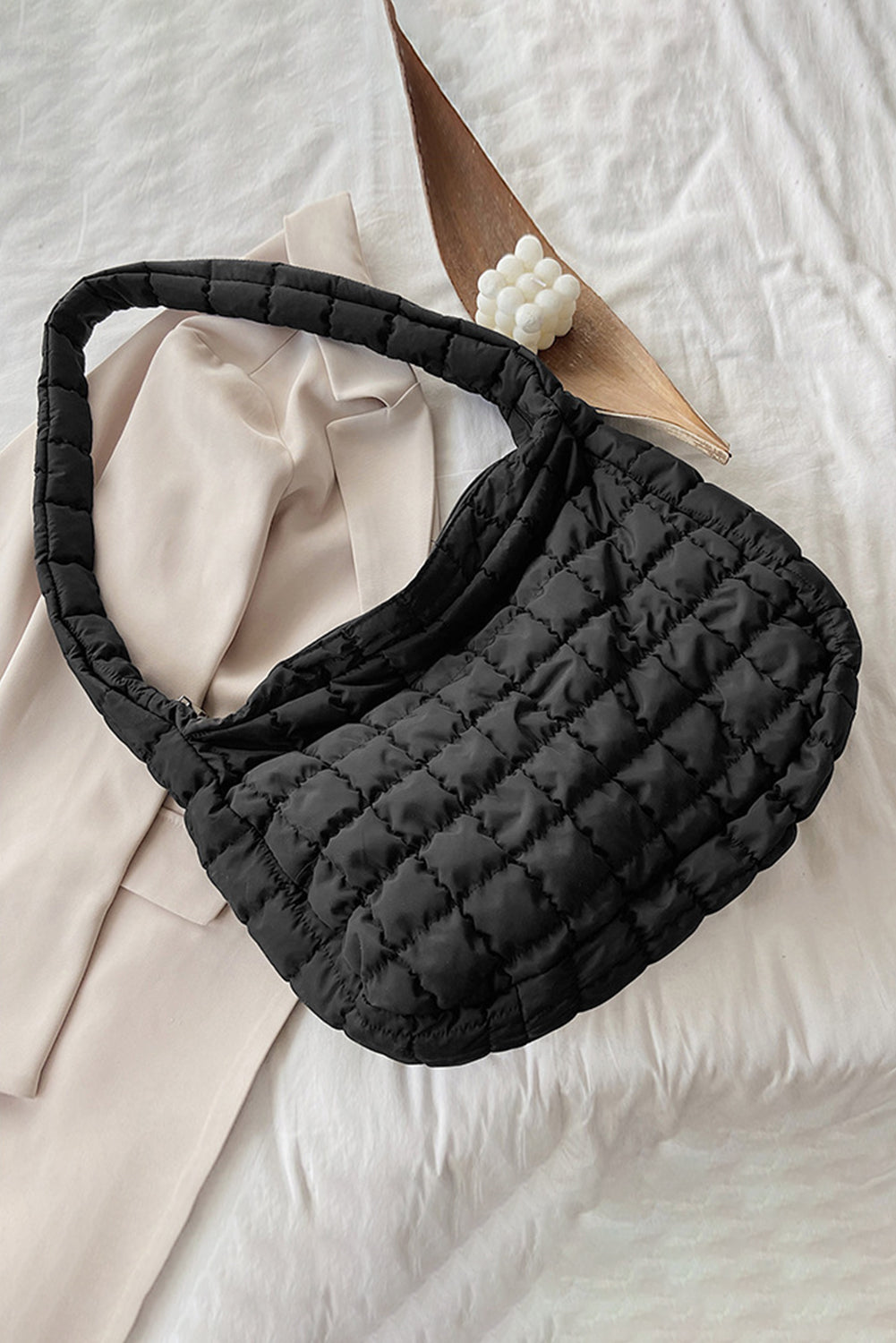 Light French Beige Quilted Zipper Large Shoulder Bag 4064bdd80914ef8f