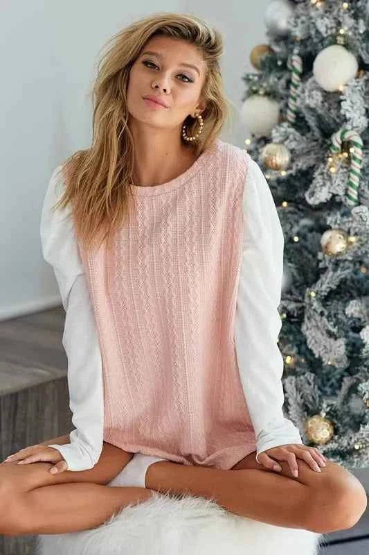 BiBi Cable Sweater Knit Top with Contrast Puff Sleeve 4065a136c913493bbd3097539ccec57f-Max-Origin
