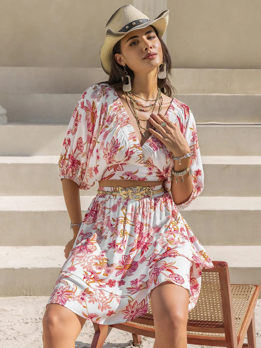 Printed Half Sleeve Top and Layered Skirt Set 406ae669-cfd1-4f9e-8822-66149bbe79b7-Max