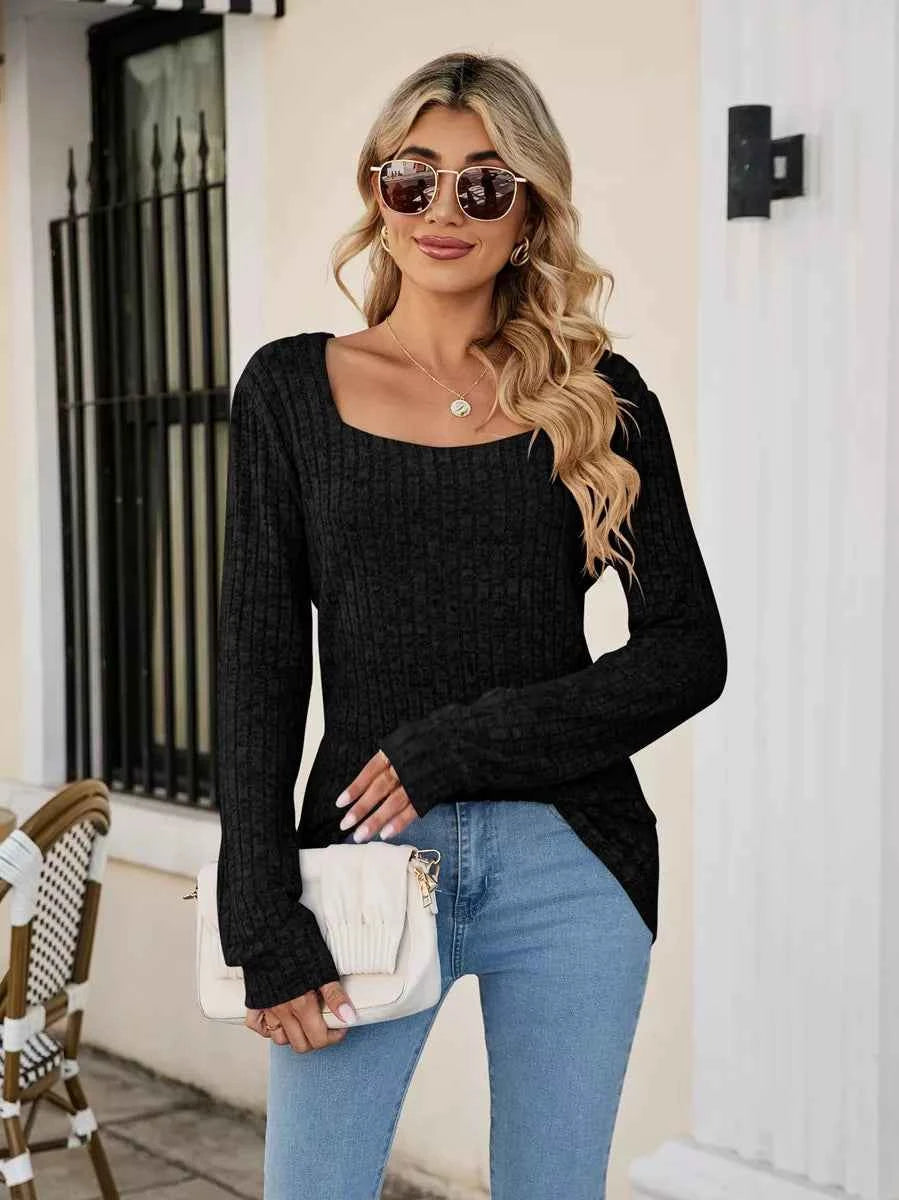 Ribbed Square Neck Long Sleeve T-Shirt 406d1f76-24fd-431f-ad93-188d2f92fab2-Max-Origin