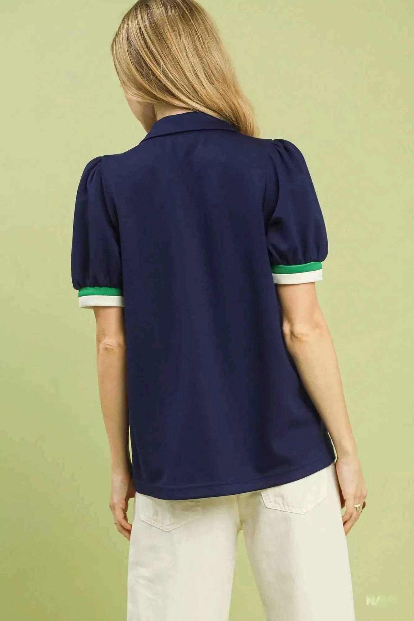 Umgee Puff Sleeve Zip Front Top with Contrast Striped Trim 406d5245-63c5-4006-aea2-a93c8a2636a3-Max-Origin