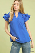 Umgee Textured Ruffle Sleeve Notched Top OCEAN 40729174-74d3-4daa-8e2f-73ba1dcee918-Max-Origin