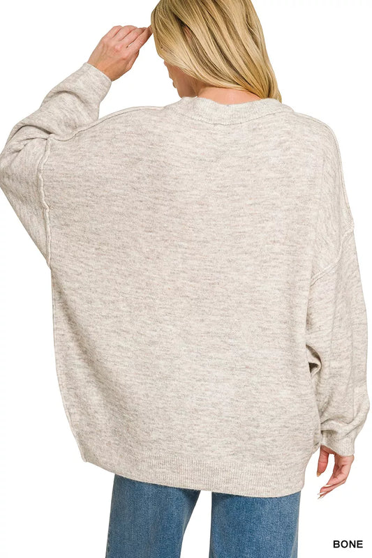 Oversized Round Neck Exposed Seam Melange Sweater 4072f256-7363-4973-892b-2a01635eb711-Max-Origin