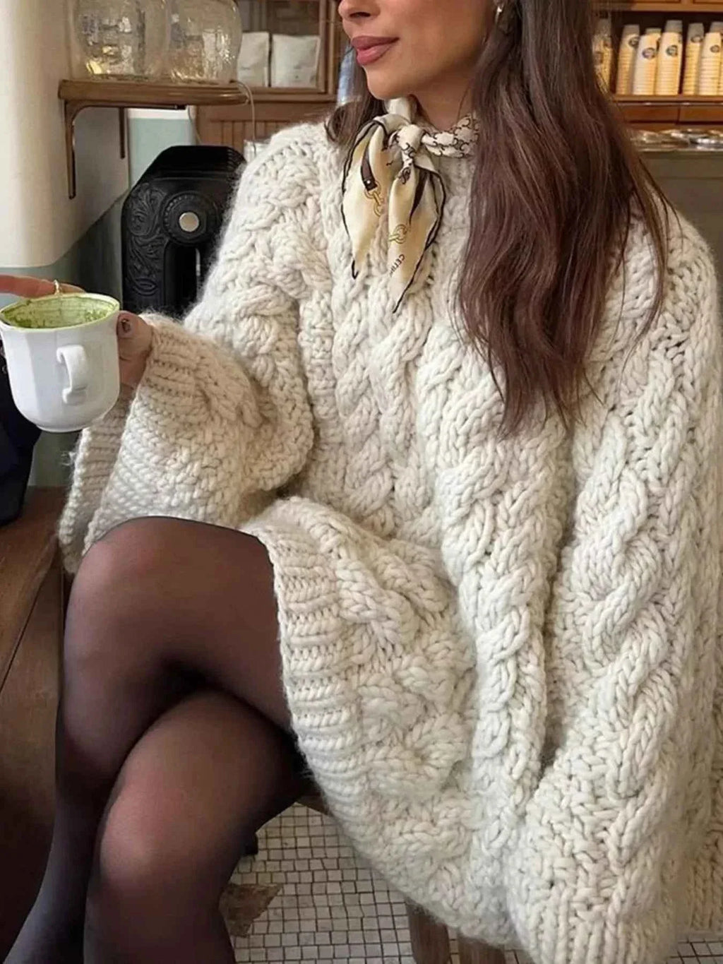 Cable Knit Round Neck Sweater White 407640f1315a4f14a04a062bcf966570-Max-Origin