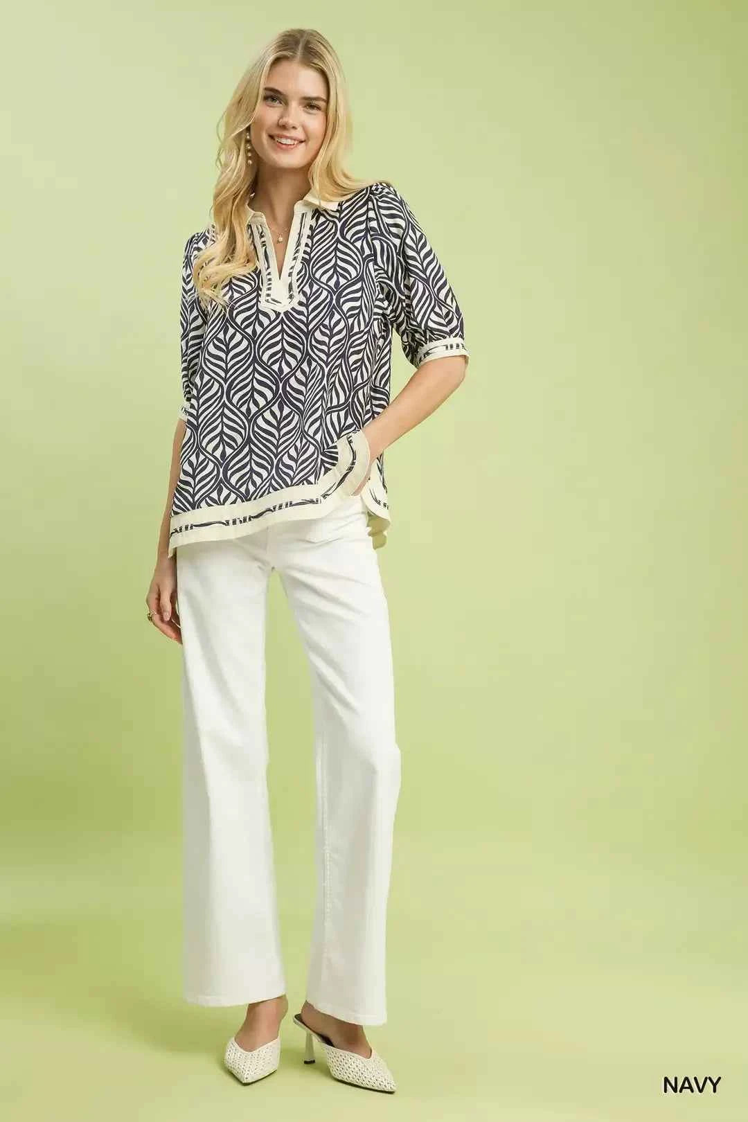 Umgee Geometric Leaf Print Popover Top 407c48cd-02a0-4964-a0aa-752f62333bc4-Max-Origin