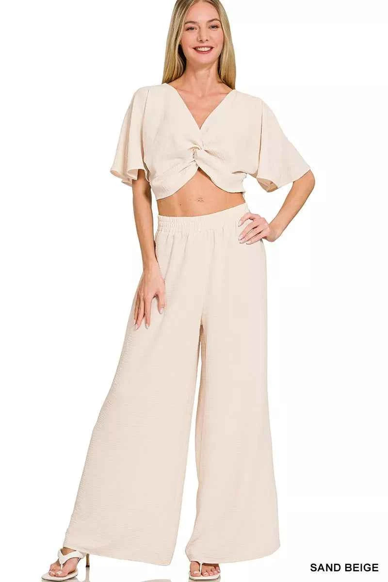 Zenana Woven Airflow Twisted Top & Wide Leg Pants Set SAND BEIGE 407c82e8146747eaa68d57b66be2a245-Max-Origin
