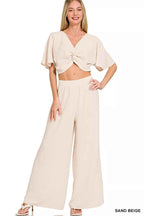 Zenana Woven Airflow Twisted Top & Wide Leg Pants Set SAND BEIGE 407c82e8146747eaa68d57b66be2a245-Max-Origin