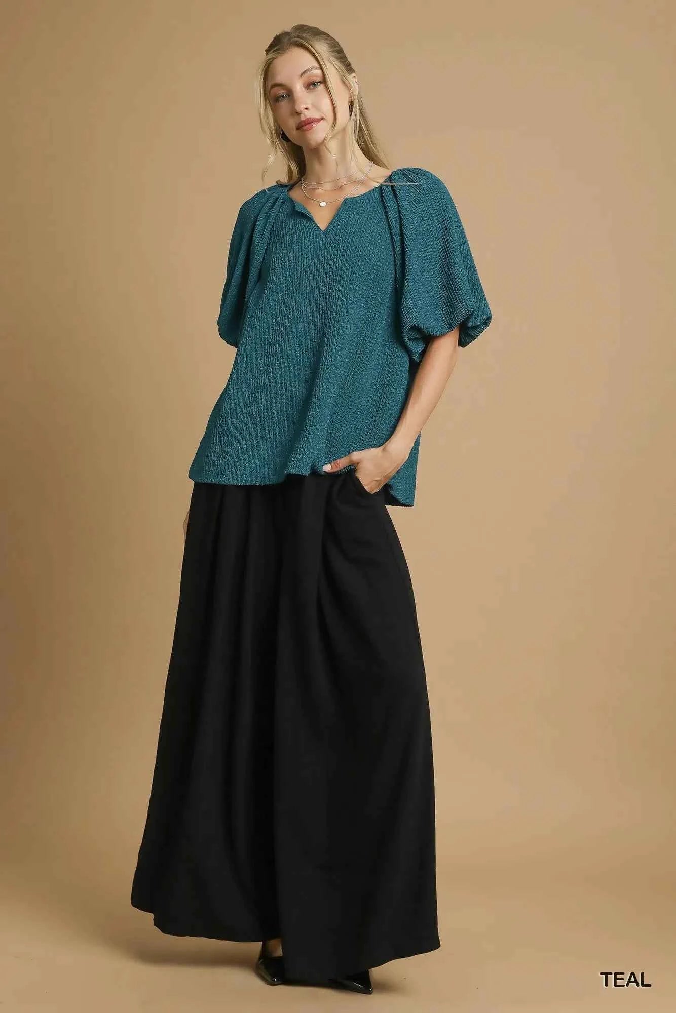 Umgee Textured Flutter Sleeve Notch Neck Top 407def57-8db4-43f1-87b2-9b1bf90c534b-Max-Origin