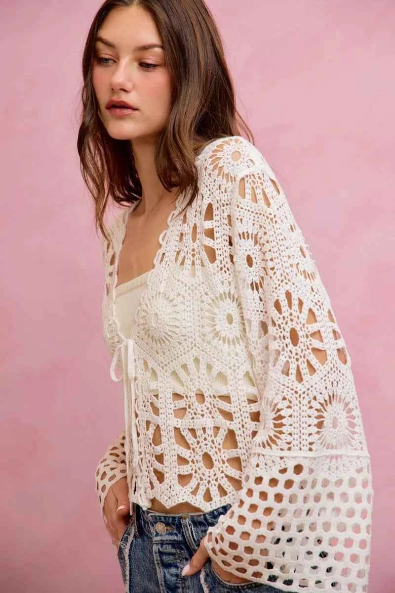 SO ME Floral Pattern Crochet Knit Tie Front Crop Cardigan 40832795b27c4de586d5a41a4d40039f-Max-Origin