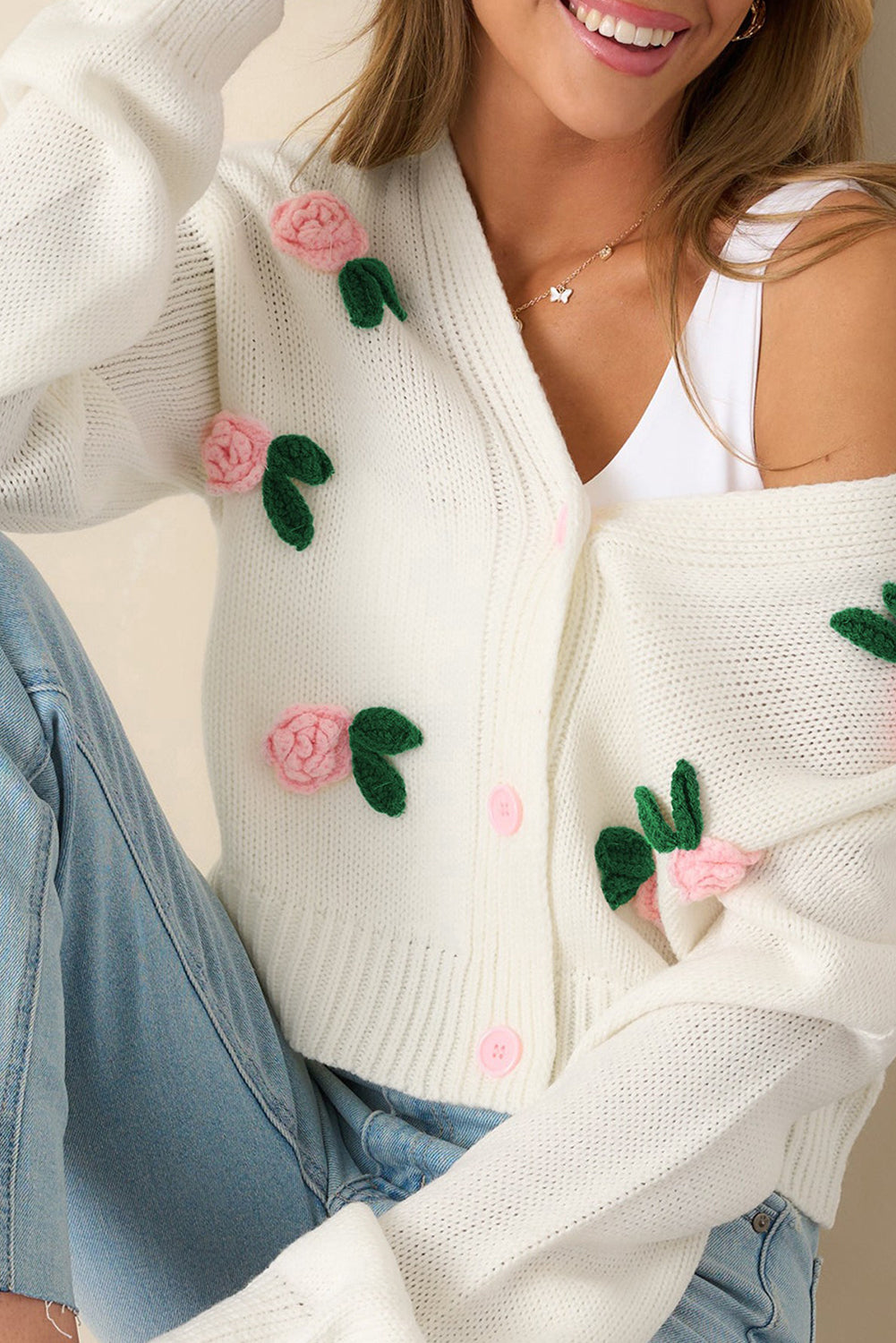 White 3D Flower Decoration Sweater Cardigan 40866fade77a9741