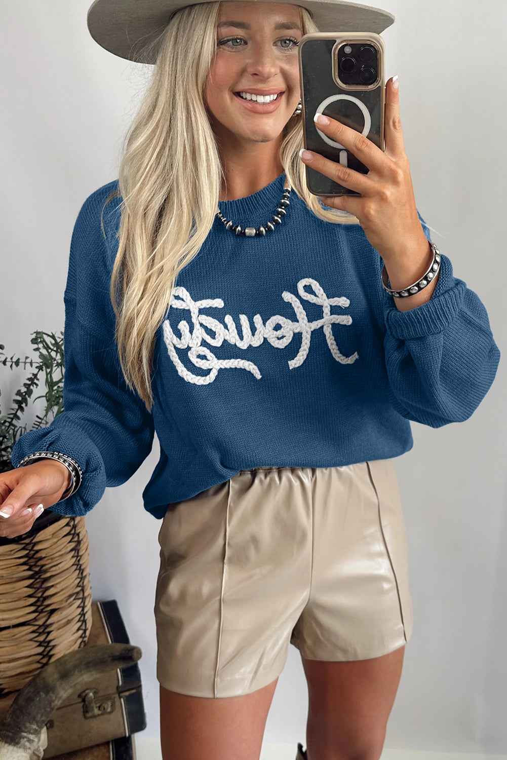 Dusk Blue Howdy Embroidered Graphic Sweater 4090e6d941d3f3c8