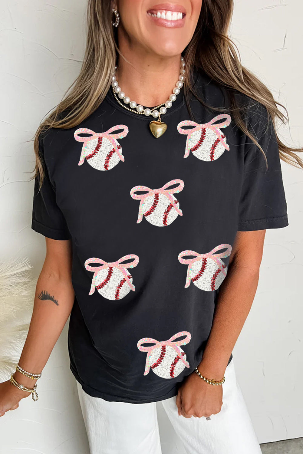 Black Shimmering Sequin Bow Ball Patterned Game Day Casual Tee Black 40928de93baf4a7e