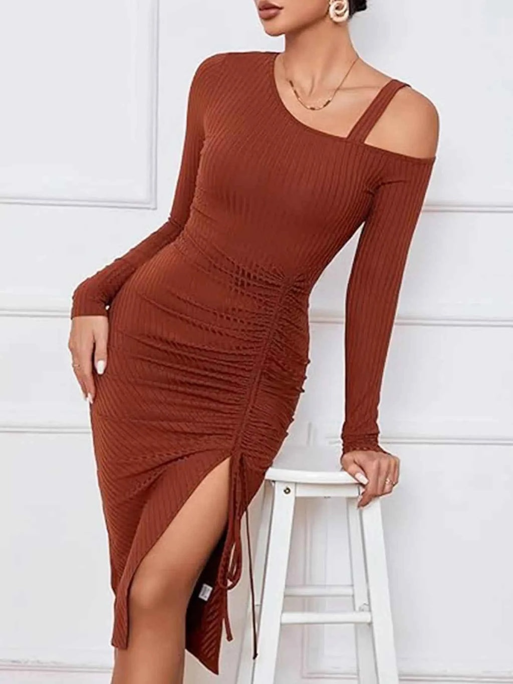 Ruched Asymmetrical Neck Ribbed Bodycon Dress Rust 40a2cfc27765480d8a845a81e0dc1797-Max-Origin