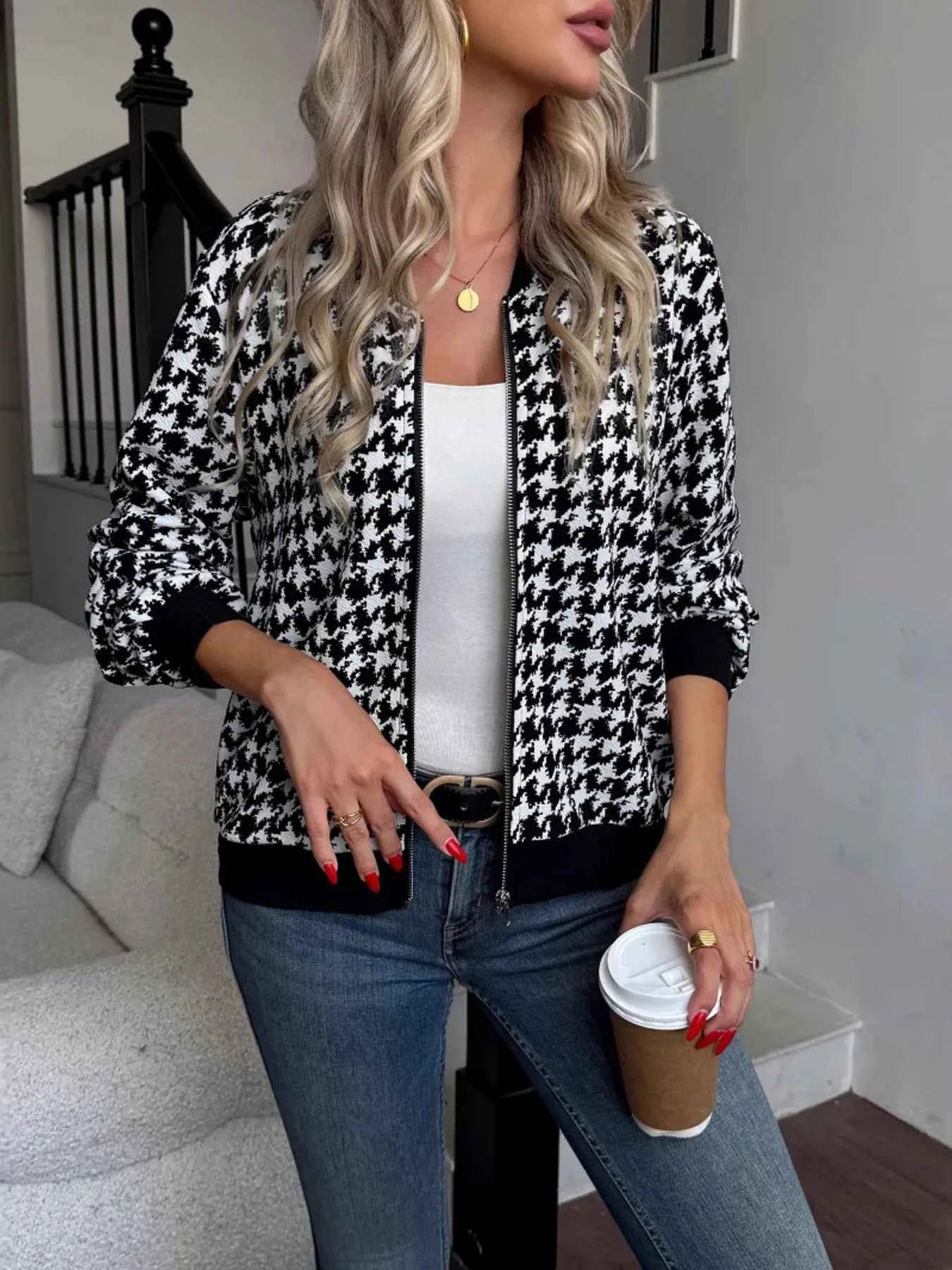 Zip Up Houndstooth Pattern Jacket 40a7255b5a1747168f0f799f8c7a7fad-Max-Origin