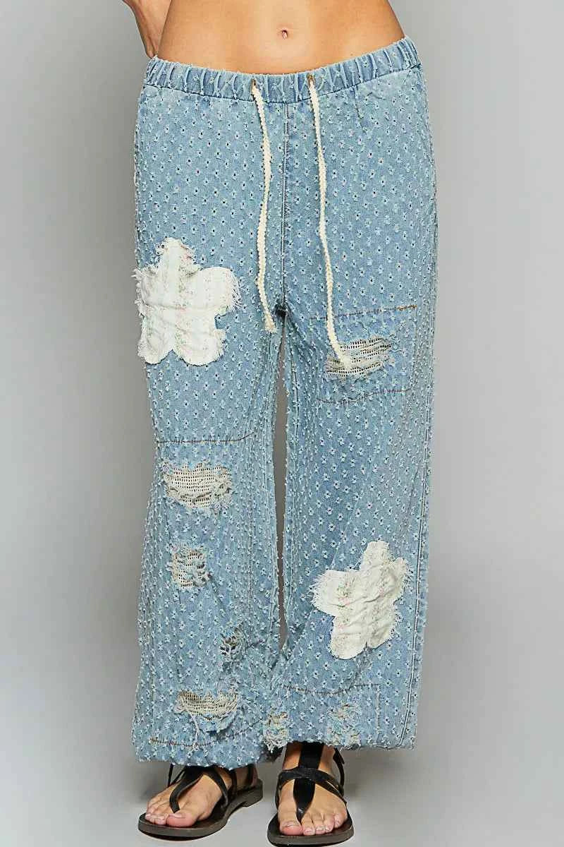 POL Floral Patch Washed Textured Twill Pants with Crochet See Thru Patch LIGHT DENIM 40a77ef4-0219-419b-a290-f282720b2b4b-Max-Origin