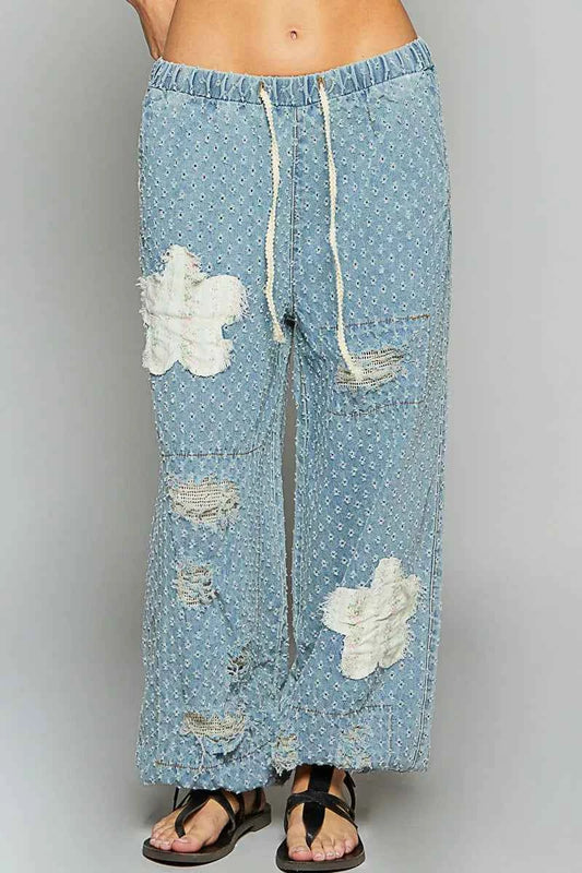 POL Floral Patch Washed Textured Twill Pants with Crochet See Thru Patch LIGHT DENIM 40a77ef4-0219-419b-a290-f282720b2b4b-Max-Origin