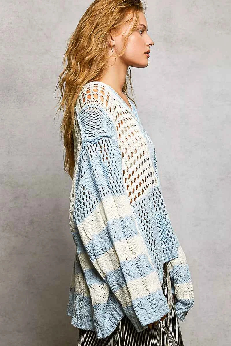 POL Color-Blocked Stripe Pattern Knit Top with Twisted Weave 40b02d90-b4c4-40dd-bcc6-89ec740fcfe4-Max-Origin