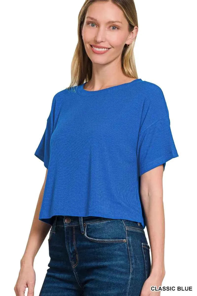 Zenana Ribbed Round-Neck Crop T-Shirt CLASSIC BLUE 40b14b050fe44c5cae89b2bb9eae8f7f-Max-Origin