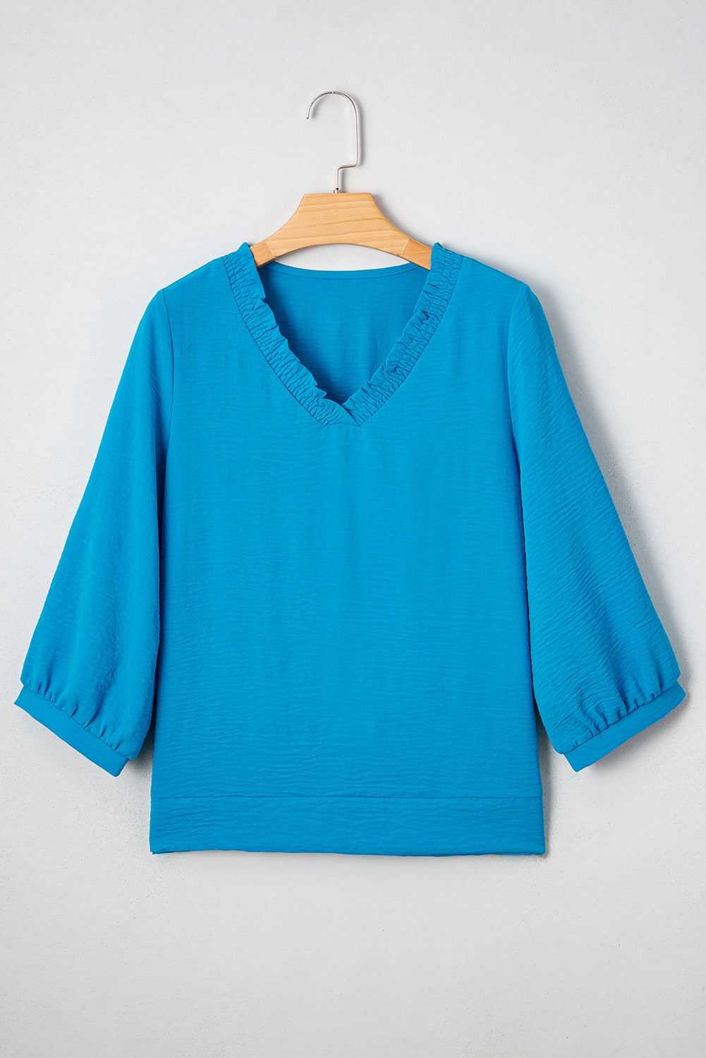 Sky Blue Frill V Neckline Puff Sleeve Crinkled Blouse 40b46f1665f8c1ae