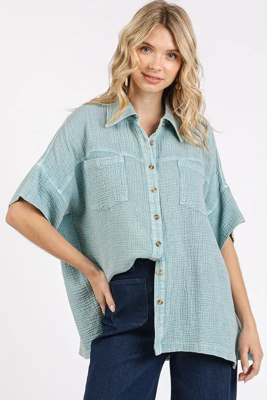 Mittoshop Mineral Wash Gauze Oversized Short Sleeve Shirt Seafoam 40b53e0c-485e-4a70-877b-1173bca1abb6-Max