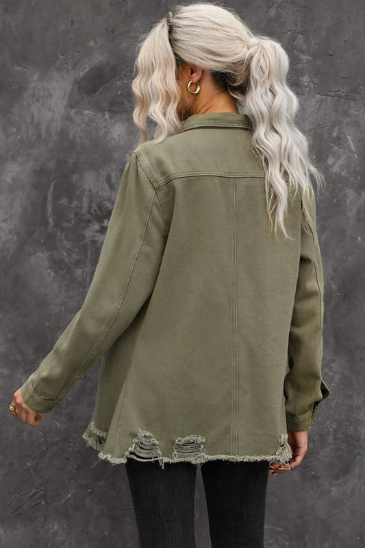 Khaki Raw Hem Distressed Denim Shirt Jacket 40bbaf57cb982e82