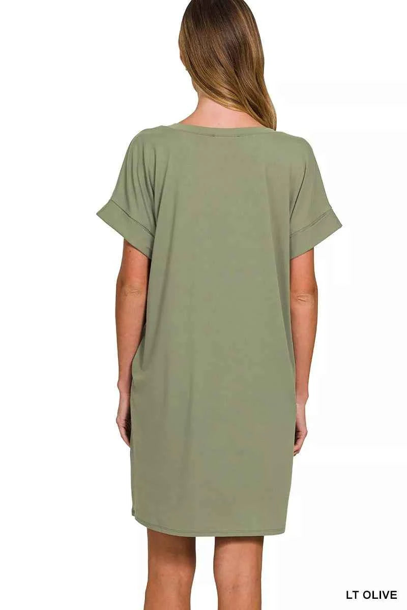 Zenana Brushed Dty Rolled Short Sleeve V-Neck Dress 40bd96f331d94e1291b08e50ec2cefb8-Max-Origin