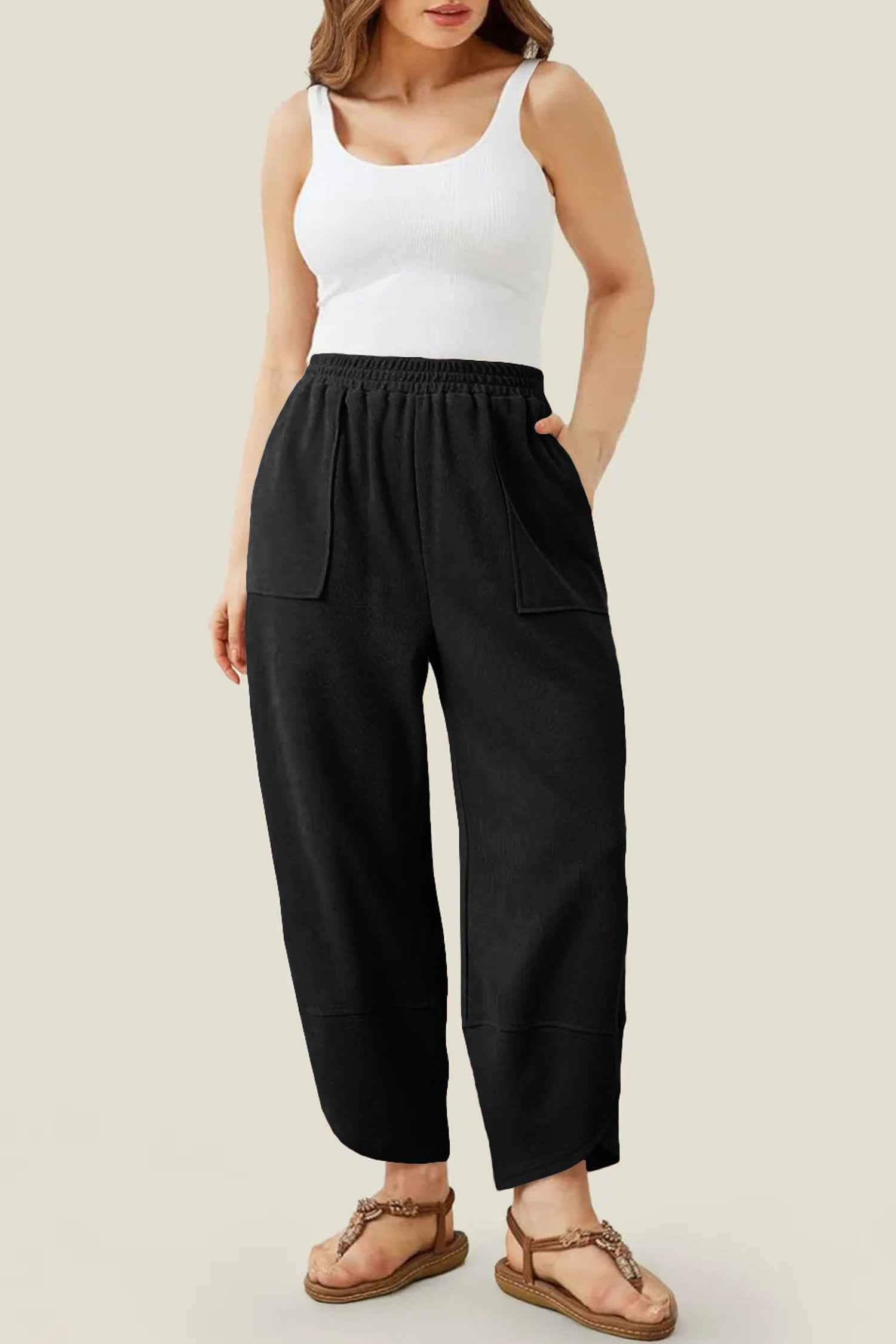 Black Plus Size Elastic Waist Asymmetrical Hem Loose Capris Pants 40c49f42a9e7c7ca