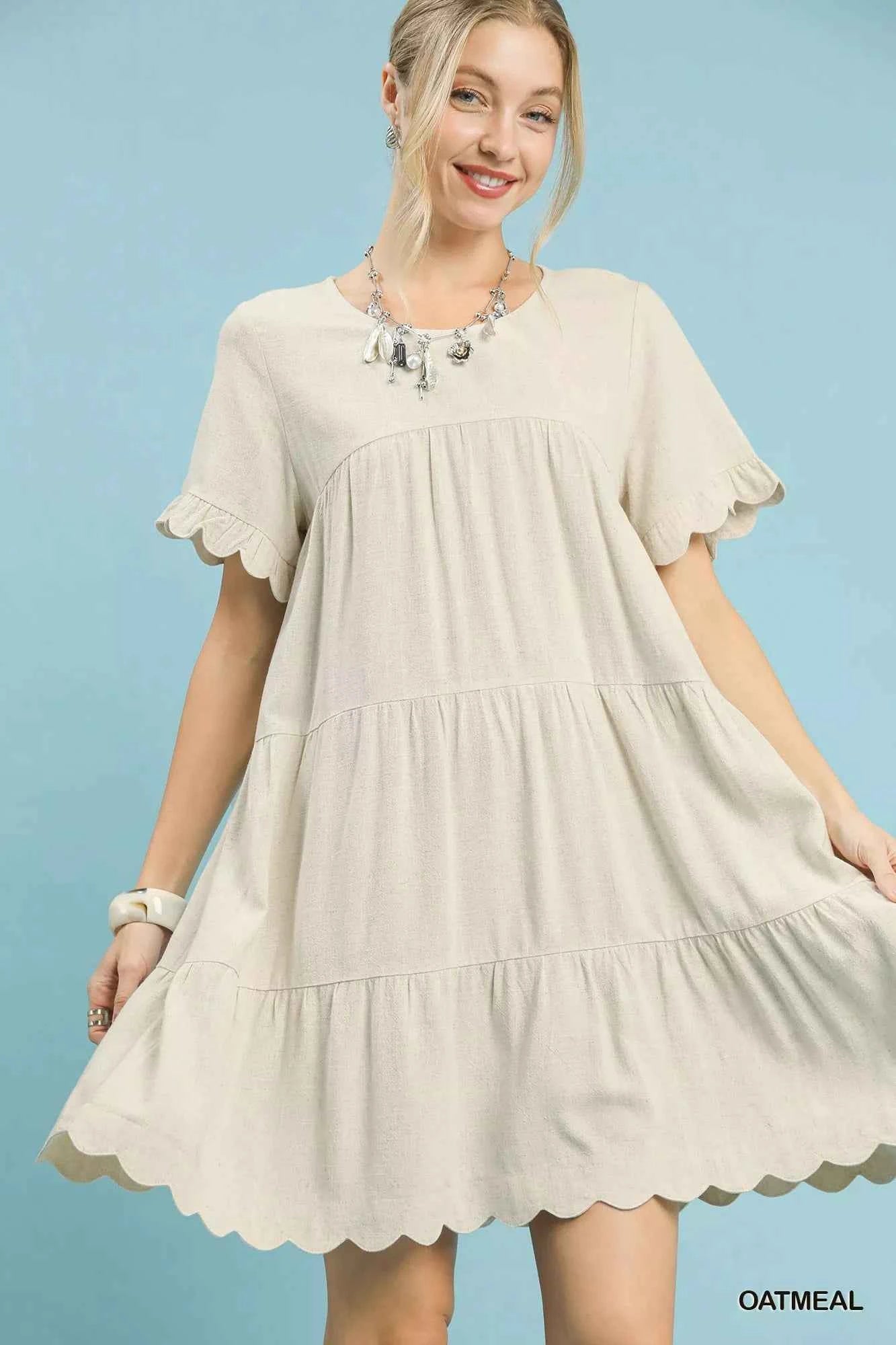 Umgee Linen Tiered Babydoll Dress with Ruffle Sleeves OATMEAL 40c5d384-5fd7-42d2-a952-beb7b262820f-Max-Origin