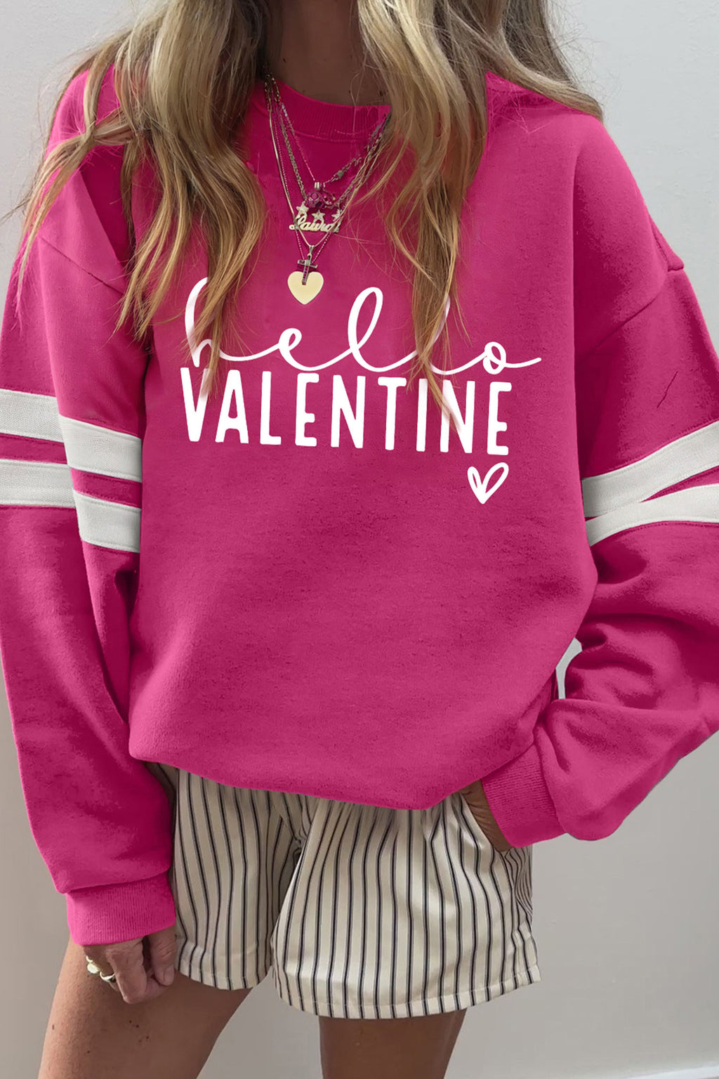 Rose Red Hello Valentine Varsity Striped Sleeve Baggy Sweatshirt Rose Red 65%Polyester+35%Cotton 40c6448672632163