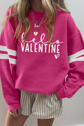 Rose Red Hello Valentine Varsity Striped Sleeve Baggy Sweatshirt Rose Red 65%Polyester+35%Cotton 40c6448672632163