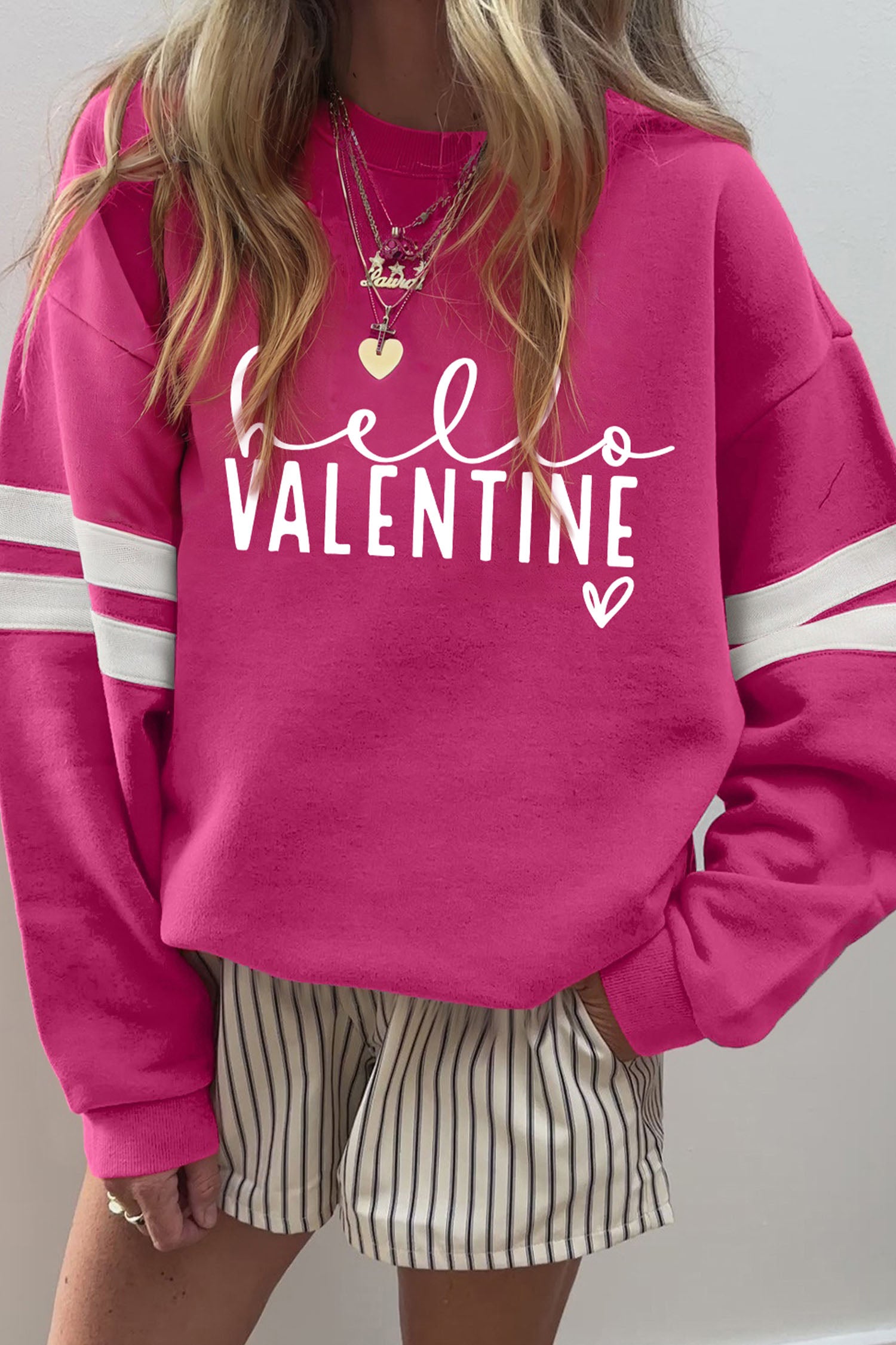 Rose Red Hello Valentine Varsity Striped Sleeve Baggy Sweatshirt Rose Red 65%Polyester+35%Cotton 40c6448672632163
