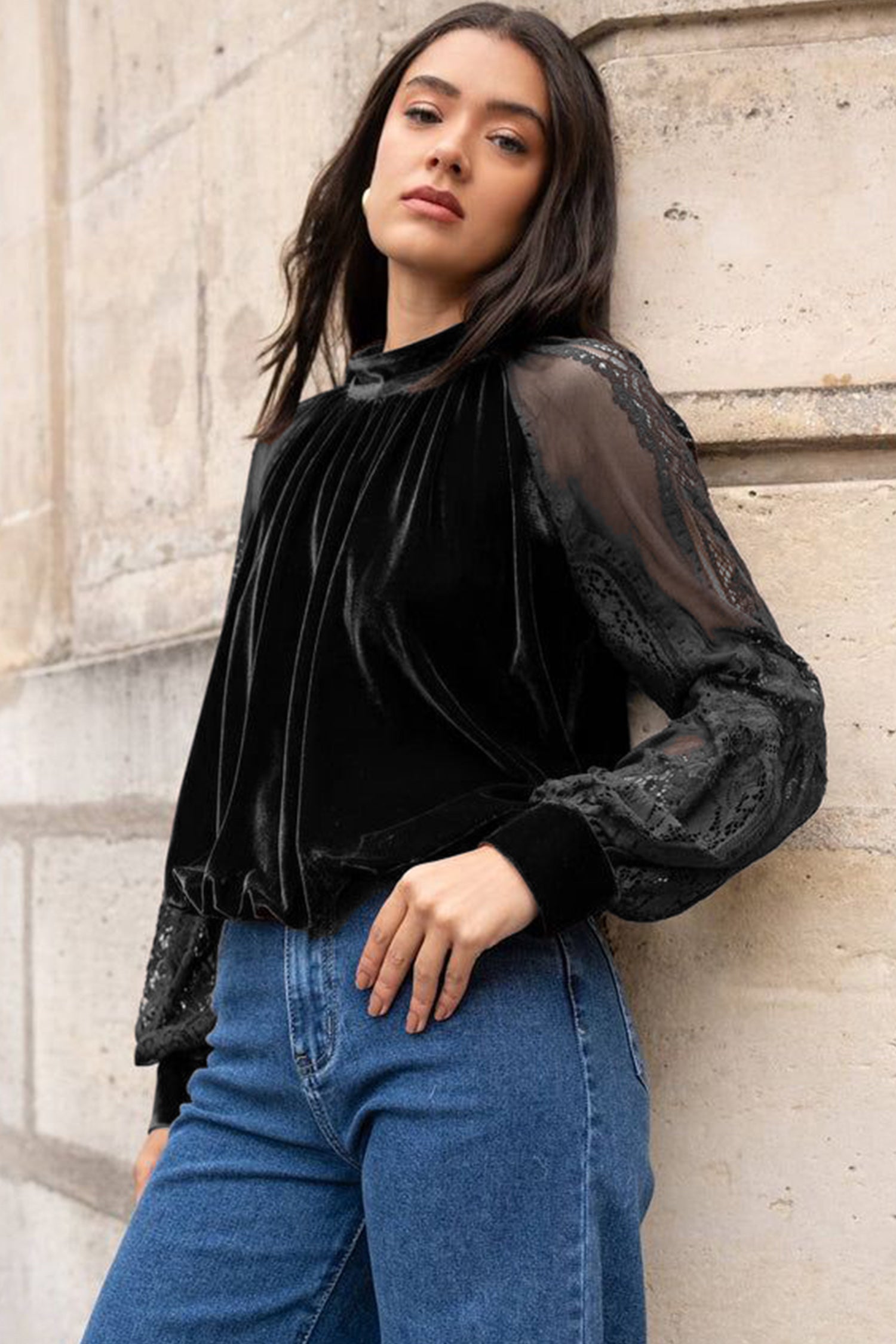 Color Black Solid Color Sheer Lace Long Sleeve Patchwork Stand Neck Velvet Blouse 40c7fe115d7e17ab