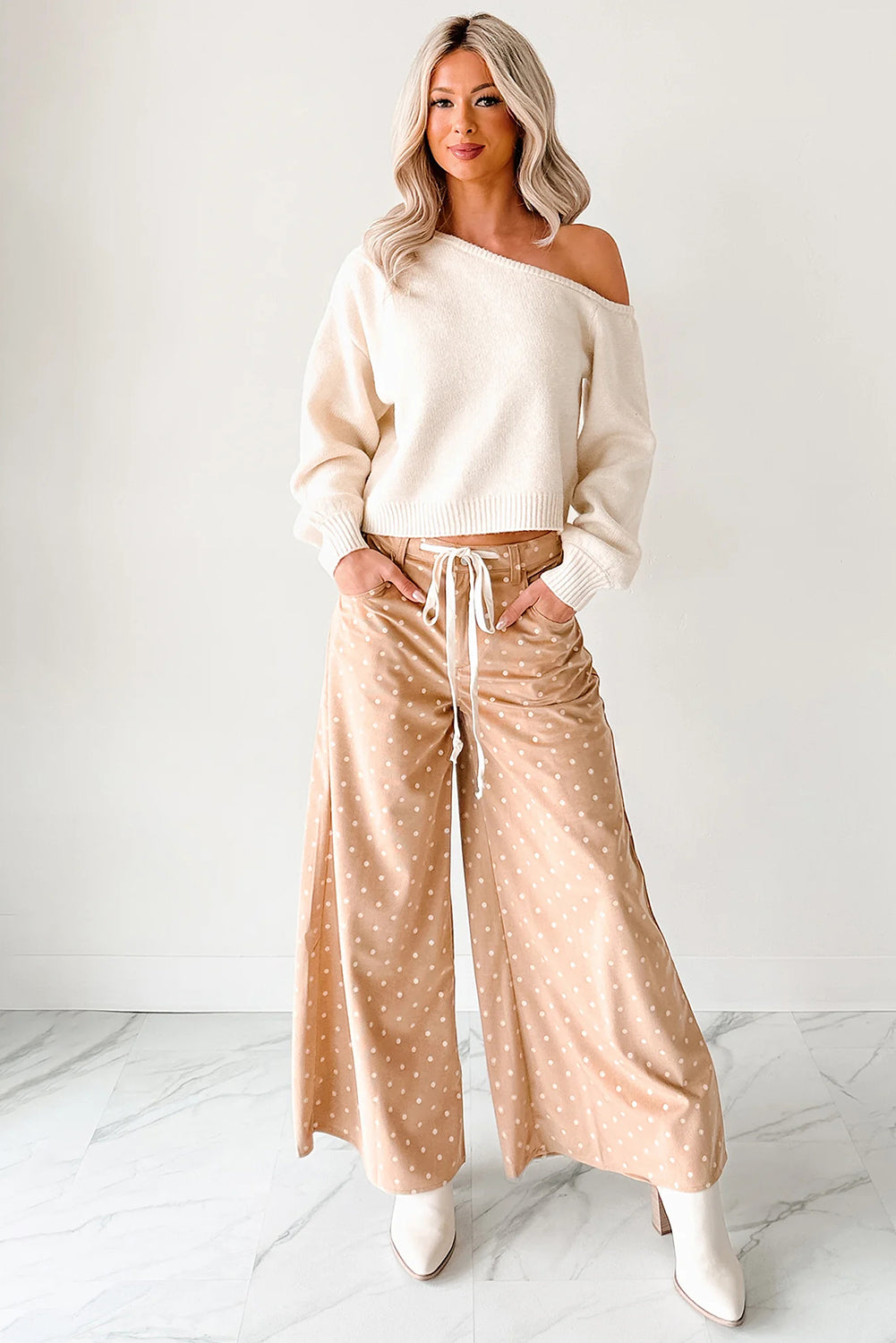 Khaki Polka Dot Print Drawstring Wide Leg Pants 40c96501dbf6ed3b