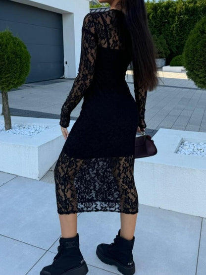 Lace Round Neck Long Sleeve Midi Dress