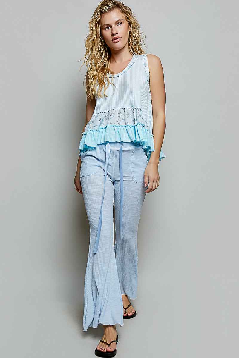 POL Floral Print Patche Round Neck Ribbed Tank with Double Gauze Ruffle Accents 40d3b2f9-f8a2-4db4-a584-63c0135f1dff-Max