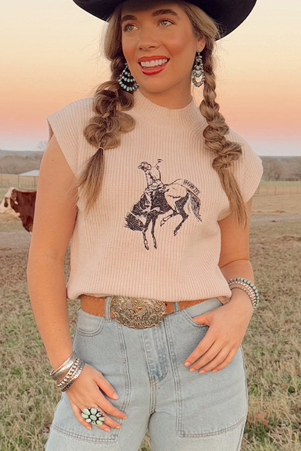 Oatmeal Cowboy Graphic High Neck Short Sleeve Knit Top 40d8a3253e937665