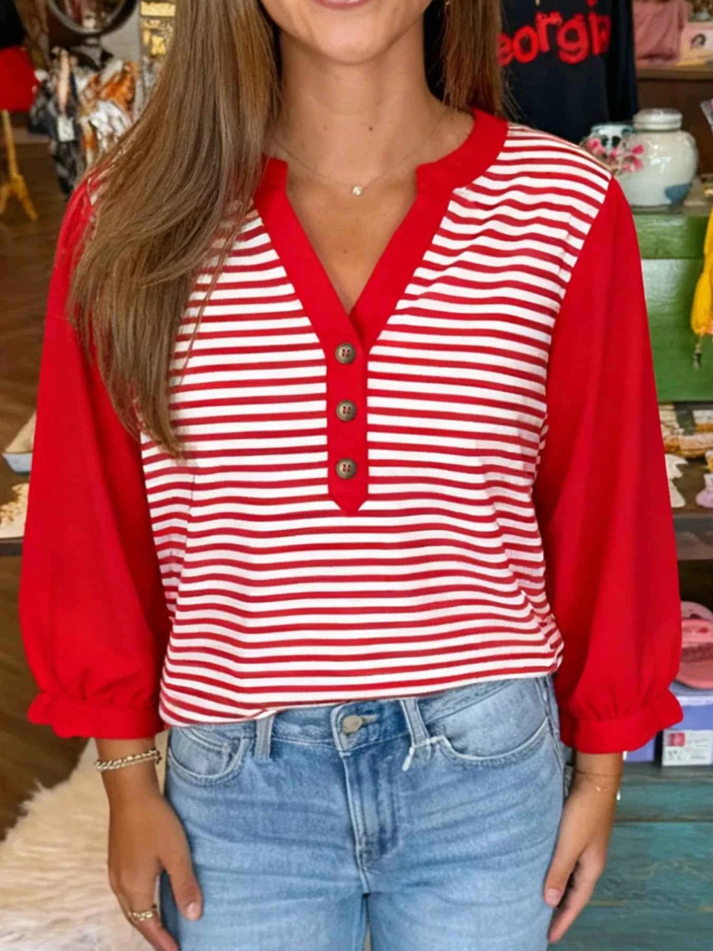 Striped Button-Detail Long Sleeve Top Red 40dcb02c-e025-4fef-8c66-1fb1ca065445-Max-Origin