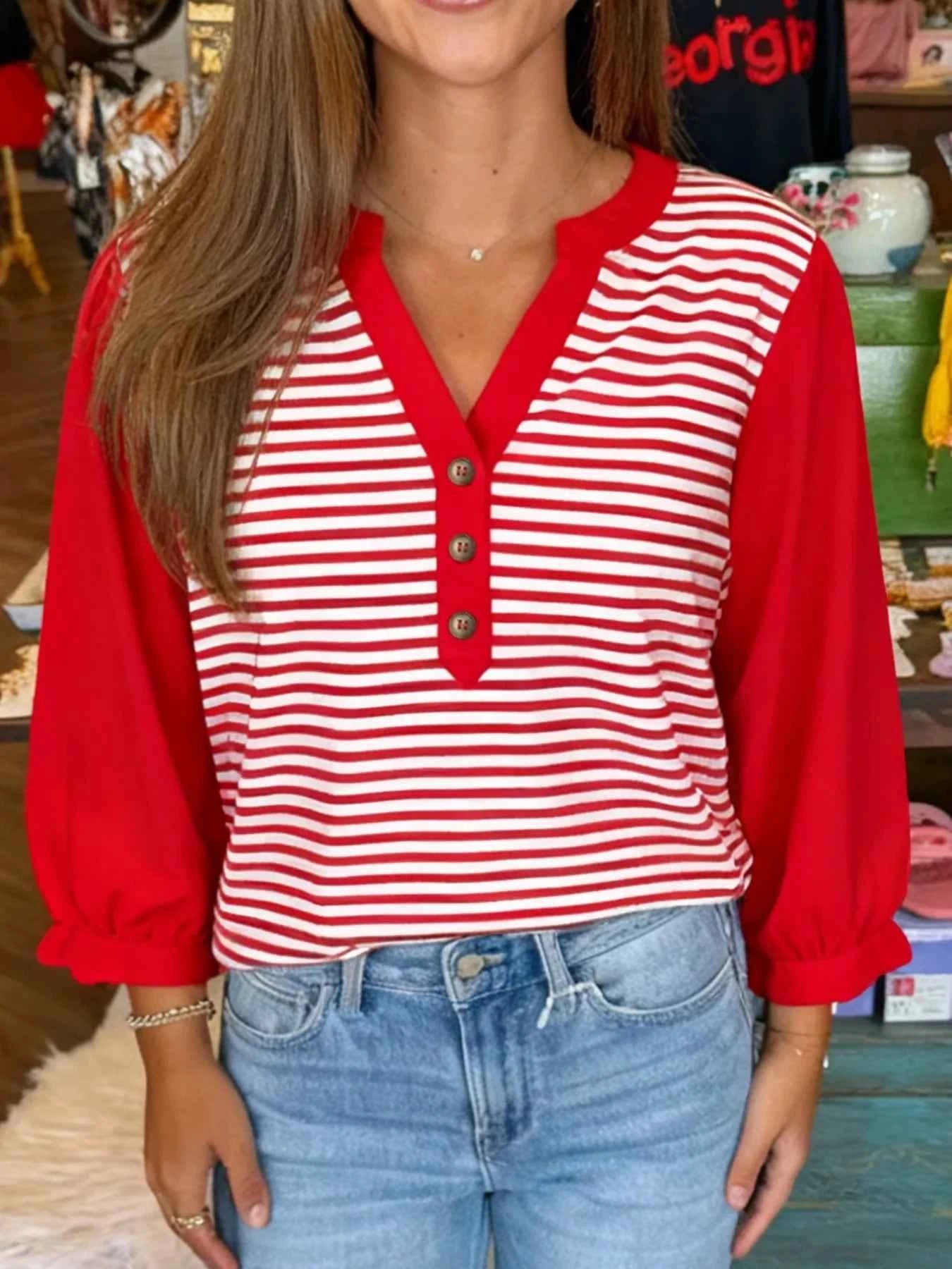 Striped Button-Detail Long Sleeve Top Red 40dcb02c-e025-4fef-8c66-1fb1ca065445-Max-Origin