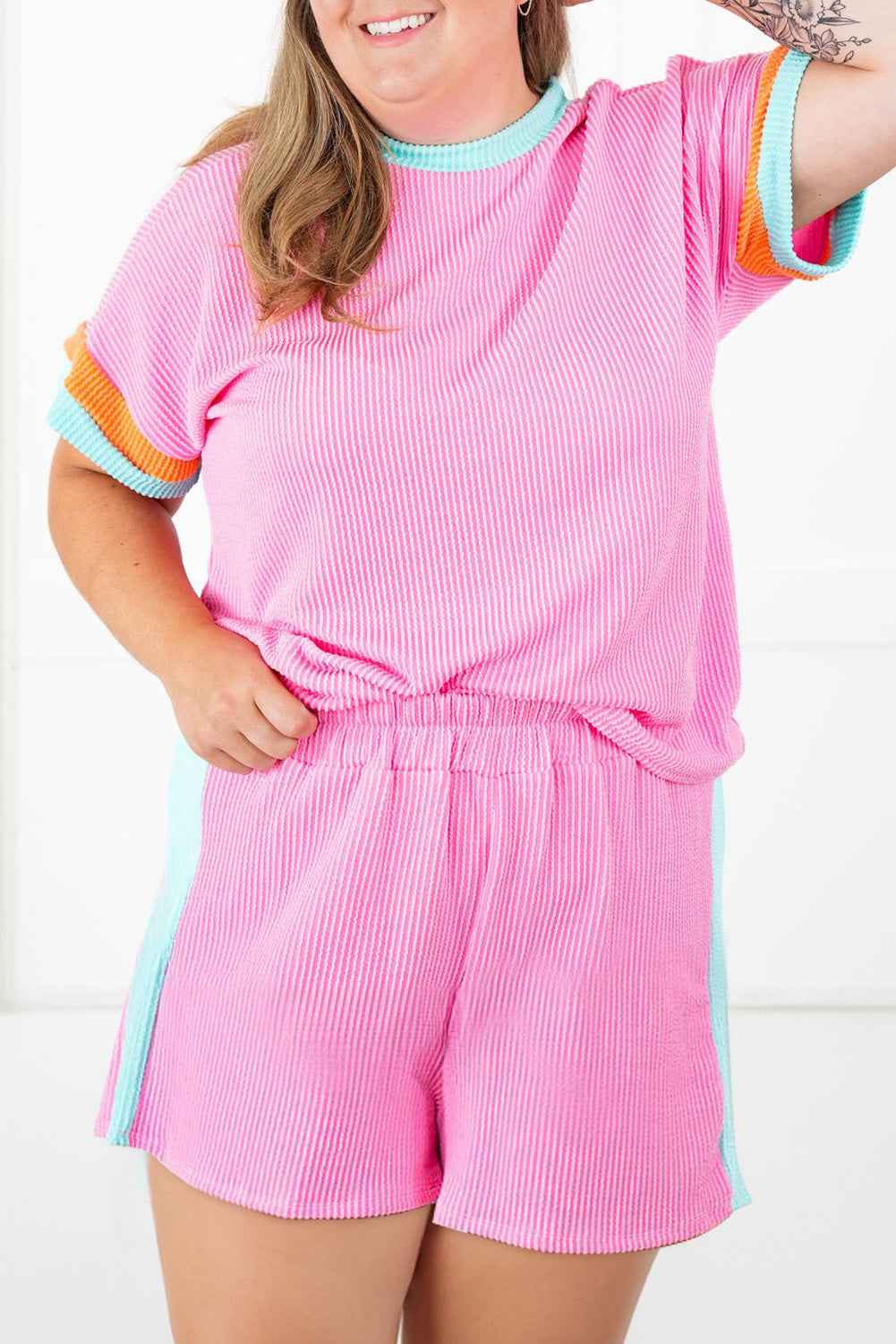 Bonbon Colorblock Corded Plus Size Two Piece Shorts Set Bonbon 40de2abf1c0c8349